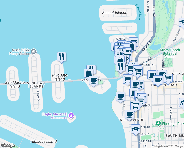 map of restaurants, bars, coffee shops, grocery stores, and more near 40 Island Avenue in Miami Beach