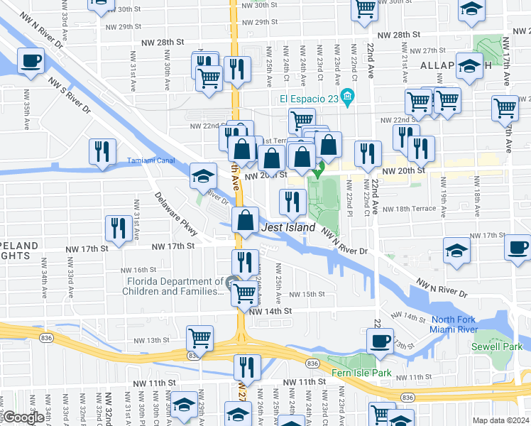 map of restaurants, bars, coffee shops, grocery stores, and more near 2500 Northwest North River Drive in Miami