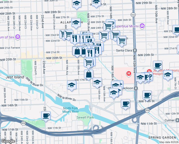 map of restaurants, bars, coffee shops, grocery stores, and more near 1801 Northwest 17th Avenue in Miami