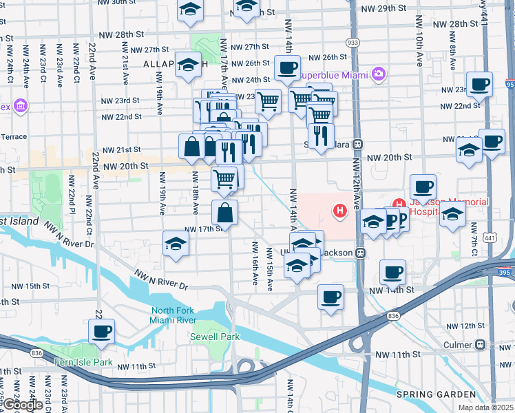 map of restaurants, bars, coffee shops, grocery stores, and more near 1515 Northwest 18th Street in Miami