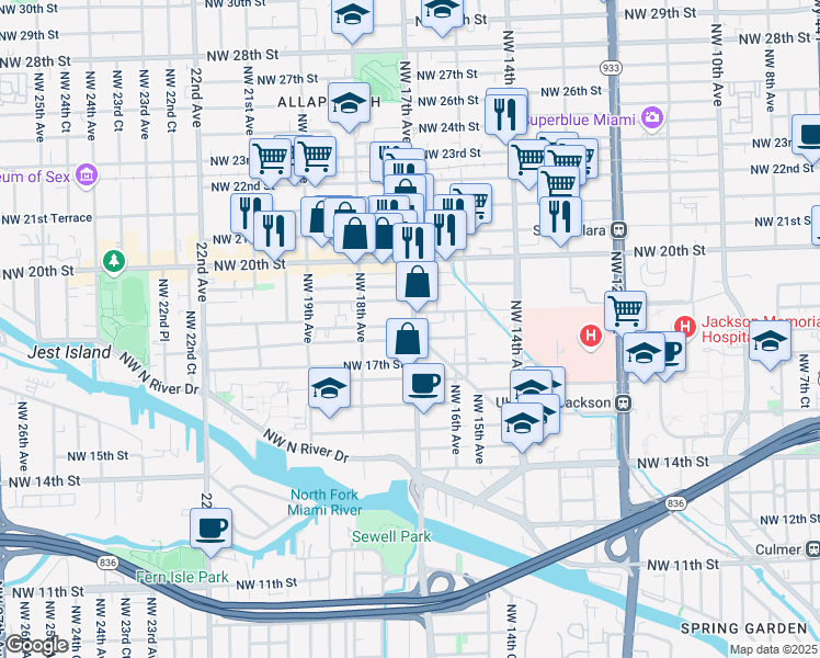 map of restaurants, bars, coffee shops, grocery stores, and more near 1801 Northwest 17th Avenue in Miami
