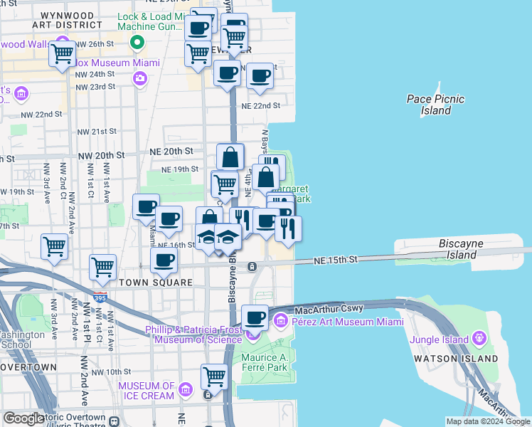 map of restaurants, bars, coffee shops, grocery stores, and more near 1750 North Bayshore Drive in Miami