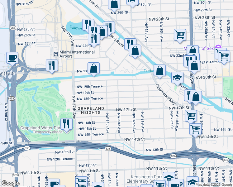 map of restaurants, bars, coffee shops, grocery stores, and more near 3300 Northwest 19th Street in Miami