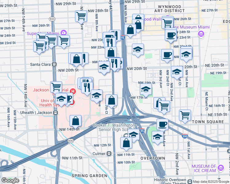map of restaurants, bars, coffee shops, grocery stores, and more near 1773 Northwest 7th Avenue in Miami