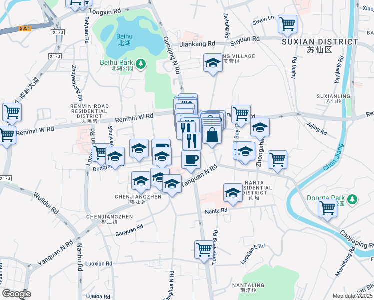 map of restaurants, bars, coffee shops, grocery stores, and more near Guo Qing Nan Lu in Chen Zhou Shi