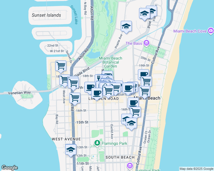 map of restaurants, bars, coffee shops, grocery stores, and more near 1701 Meridian Avenue in Miami Beach