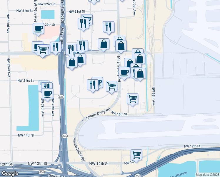 map of restaurants, bars, coffee shops, grocery stores, and more near 7205 Northwest 19th Street in Miami