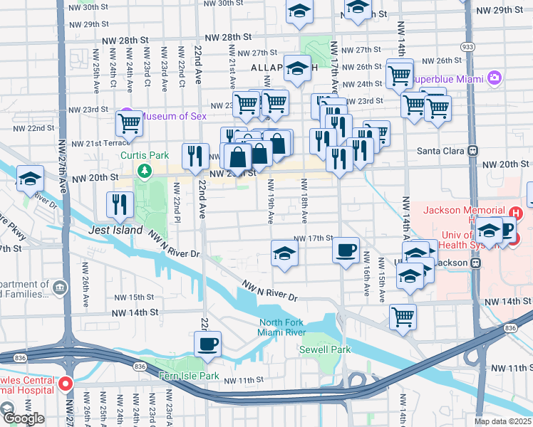 map of restaurants, bars, coffee shops, grocery stores, and more near 1826 Northwest 19th Avenue in Miami