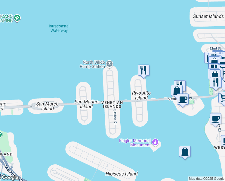 map of restaurants, bars, coffee shops, grocery stores, and more near 521 East Dilido Drive in Miami Beach