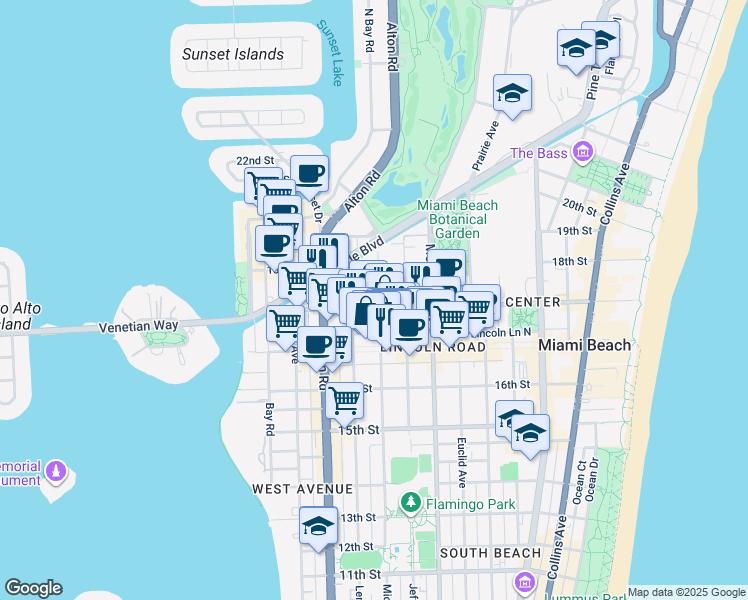 map of restaurants, bars, coffee shops, grocery stores, and more near 1720 Michigan Avenue in Miami Beach
