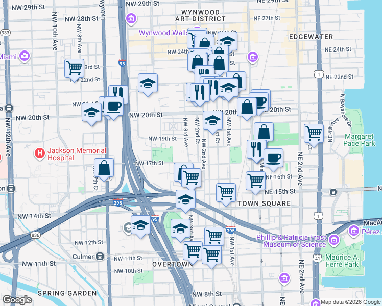 map of restaurants, bars, coffee shops, grocery stores, and more near 1750 Northwest 3rd Avenue in Miami