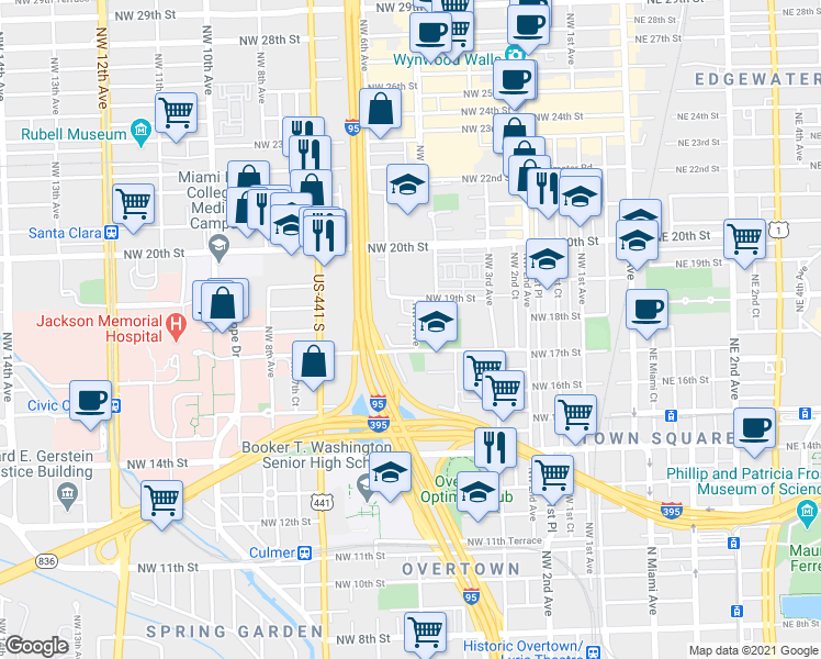 map of restaurants, bars, coffee shops, grocery stores, and more near 1780 Northwest 5 Avenue in Miami