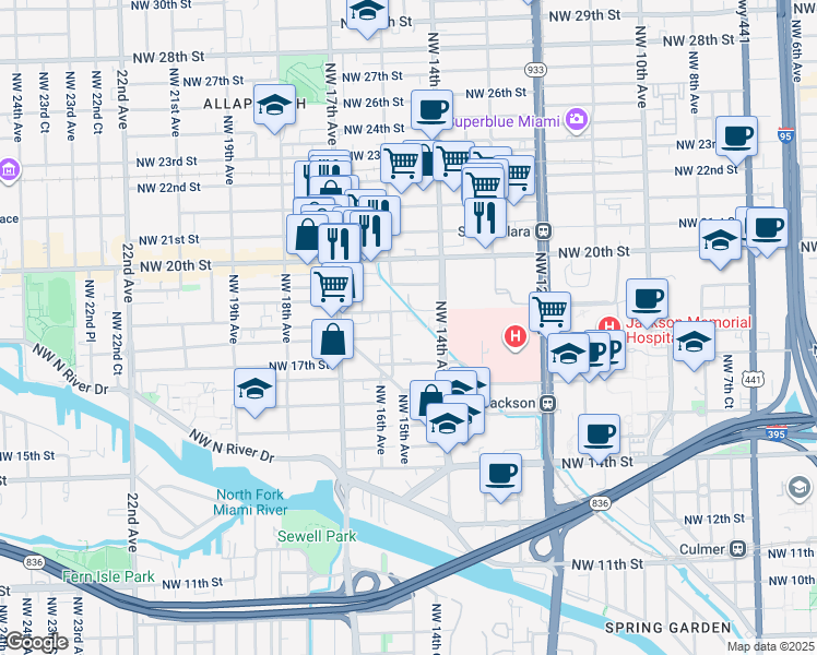 map of restaurants, bars, coffee shops, grocery stores, and more near 1400 Northwest 19th Street in Miami