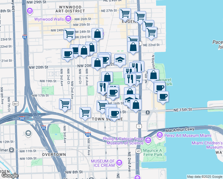 map of restaurants, bars, coffee shops, grocery stores, and more near 2215 Northeast Miami Place in Miami