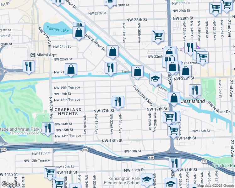 map of restaurants, bars, coffee shops, grocery stores, and more near 3154 Northwest 19th Street in Miami