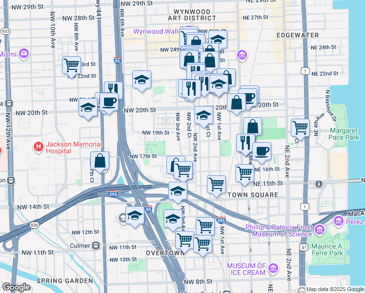 map of restaurants, bars, coffee shops, grocery stores, and more near 1750 Northwest 3rd Avenue in Miami