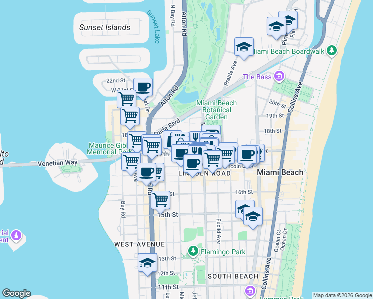 map of restaurants, bars, coffee shops, grocery stores, and more near 1719 Jefferson Avenue in Miami Beach