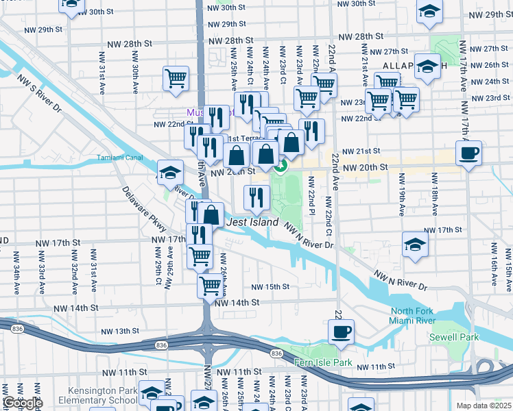map of restaurants, bars, coffee shops, grocery stores, and more near 1863 Northwest 24th Court in Miami