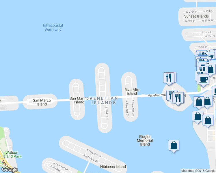 map of restaurants, bars, coffee shops, grocery stores, and more near 521 East Dilido Drive in Miami Beach
