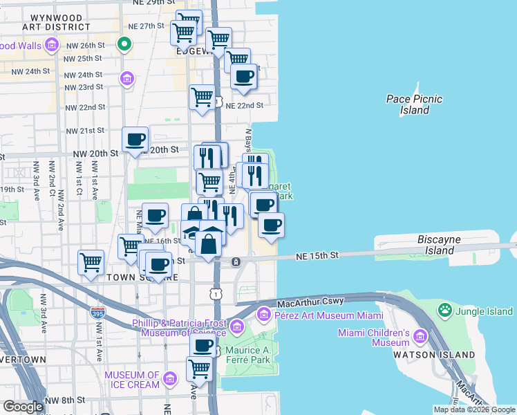 map of restaurants, bars, coffee shops, grocery stores, and more near 1756 North Bayshore Drive in Miami