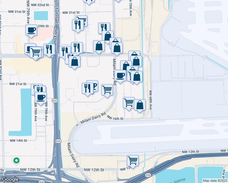 map of restaurants, bars, coffee shops, grocery stores, and more near 7205 Northwest 19th Street in Miami