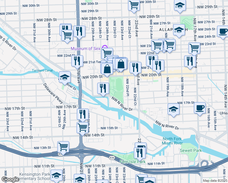 map of restaurants, bars, coffee shops, grocery stores, and more near 1901 Northwest 24th Avenue in Miami