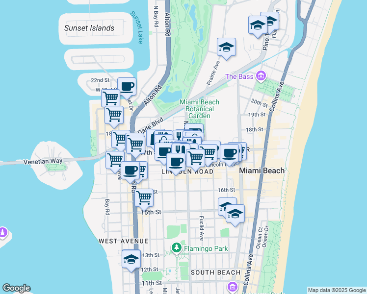 map of restaurants, bars, coffee shops, grocery stores, and more near 1719 Jefferson Avenue in Miami Beach