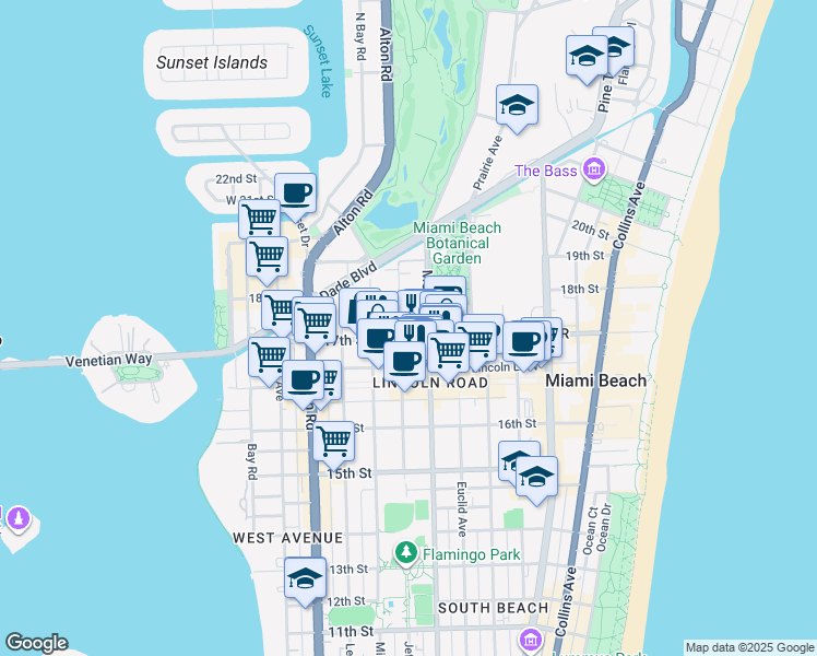 map of restaurants, bars, coffee shops, grocery stores, and more near 1719 Jefferson Avenue in Miami Beach