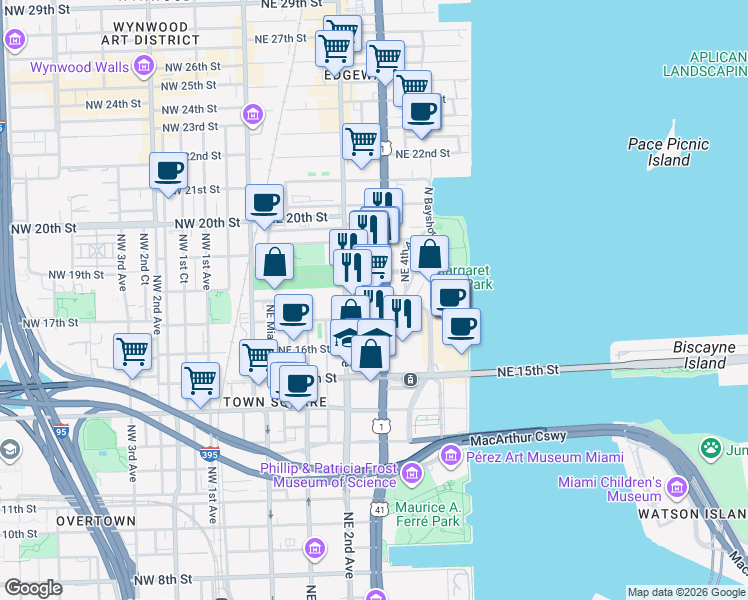 map of restaurants, bars, coffee shops, grocery stores, and more near 231 Northeast 17th Street in Miami