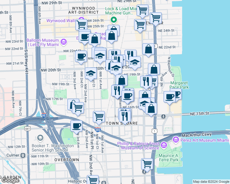 map of restaurants, bars, coffee shops, grocery stores, and more near 1749 Northeast Miami Court in Miami