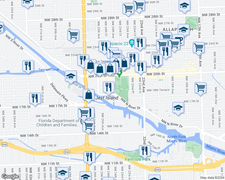 map of restaurants, bars, coffee shops, grocery stores, and more near 1863 Northwest 24th Court in Miami