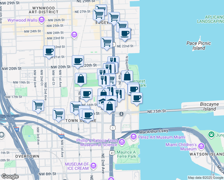 map of restaurants, bars, coffee shops, grocery stores, and more near 1752 Biscayne Boulevard in Miami