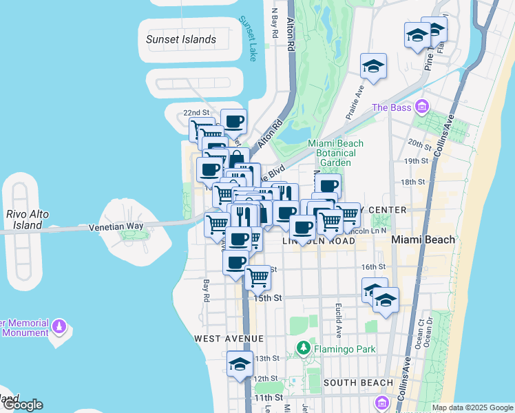 map of restaurants, bars, coffee shops, grocery stores, and more near 1720 Lenox Avenue in Miami Beach