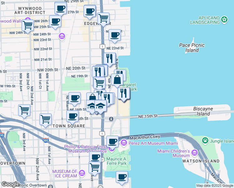 map of restaurants, bars, coffee shops, grocery stores, and more near 1756 North Bayshore Drive in Miami