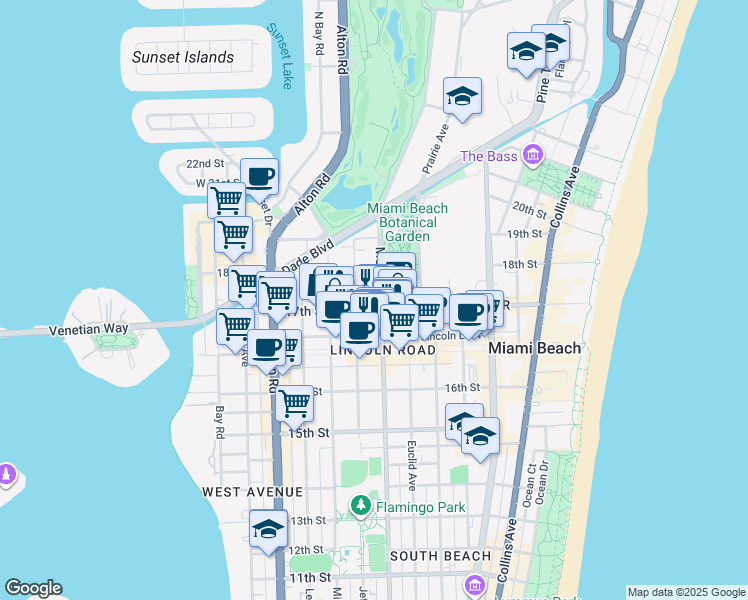 map of restaurants, bars, coffee shops, grocery stores, and more near 1719 Jefferson Avenue in Miami Beach