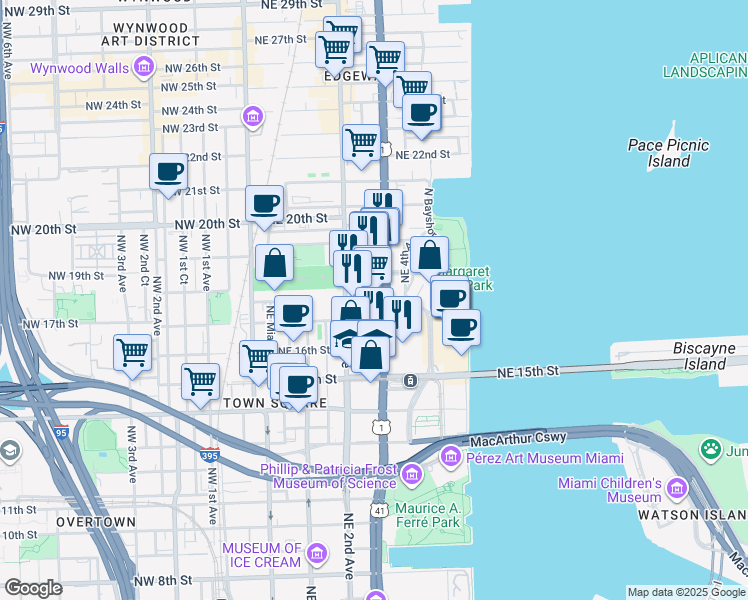 map of restaurants, bars, coffee shops, grocery stores, and more near 1752 Biscayne Boulevard in Miami