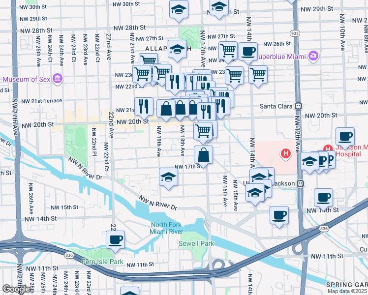 map of restaurants, bars, coffee shops, grocery stores, and more near 1847 Northwest 18th Avenue in Miami