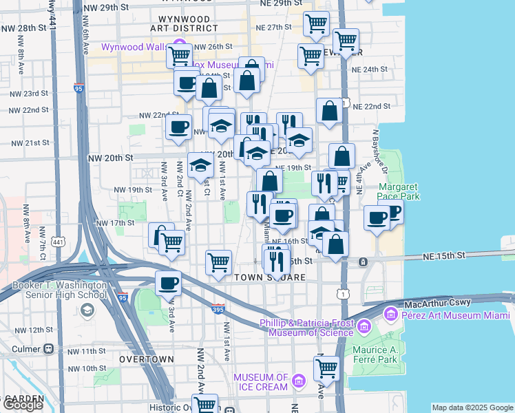 map of restaurants, bars, coffee shops, grocery stores, and more near 1749 North Miami Avenue in Miami