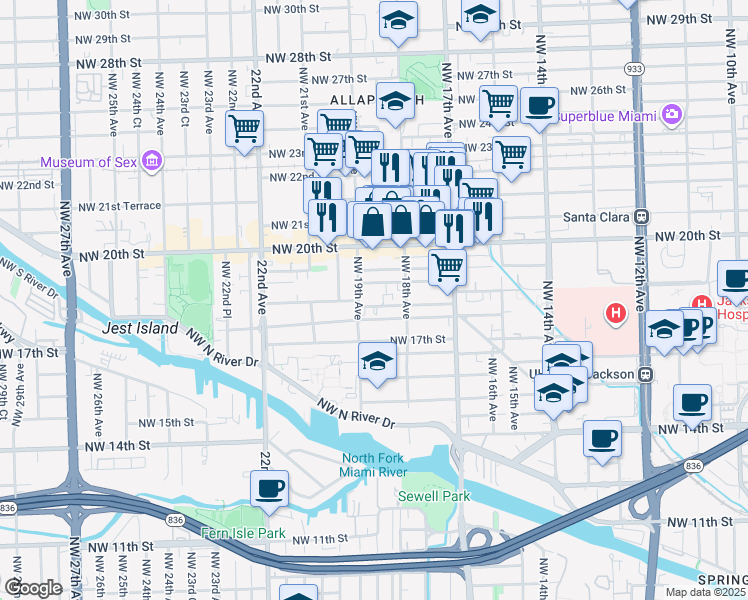 map of restaurants, bars, coffee shops, grocery stores, and more near 1847 Northwest 18th Terrace in Miami