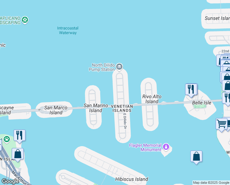 map of restaurants, bars, coffee shops, grocery stores, and more near 526 West Dilido Drive in Miami Beach