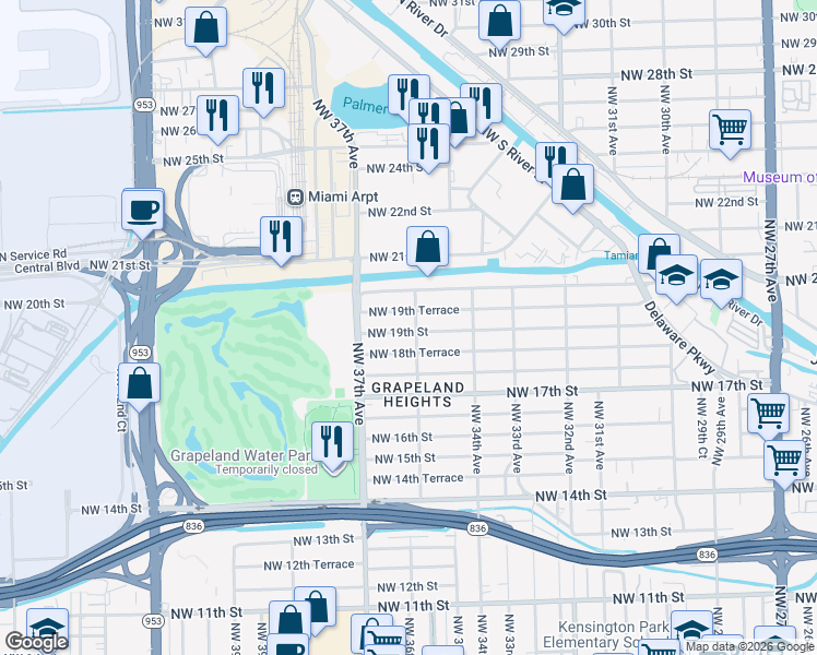 map of restaurants, bars, coffee shops, grocery stores, and more near 3631 Northwest 19th Street in Miami