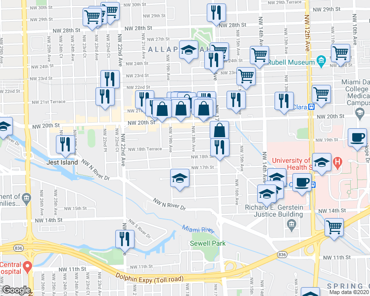 map of restaurants, bars, coffee shops, grocery stores, and more near 1847 Northwest 18th Terrace in Miami