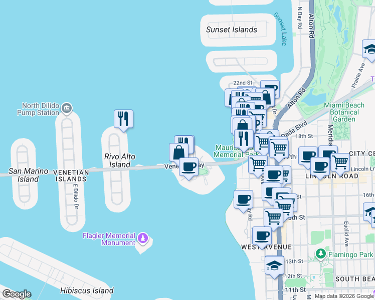 map of restaurants, bars, coffee shops, grocery stores, and more near 40 Island Avenue in Miami Beach