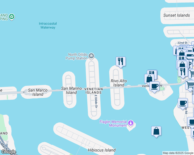 map of restaurants, bars, coffee shops, grocery stores, and more near 521 East Dilido Drive in Miami Beach