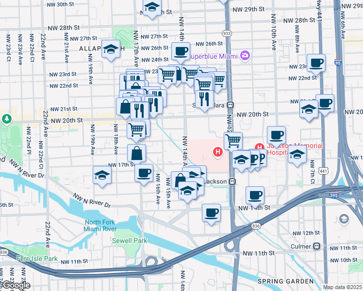 map of restaurants, bars, coffee shops, grocery stores, and more near 1400 Northwest 19th Street in Miami