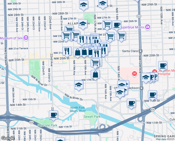 map of restaurants, bars, coffee shops, grocery stores, and more near 1759 Northwest 18th Terrace in Miami