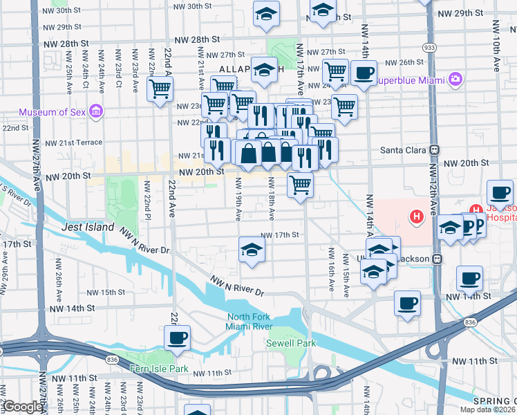 map of restaurants, bars, coffee shops, grocery stores, and more near 1847 Northwest 18th Terrace in Miami