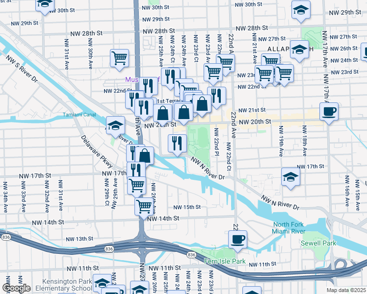 map of restaurants, bars, coffee shops, grocery stores, and more near 1863 Northwest 24th Court in Miami