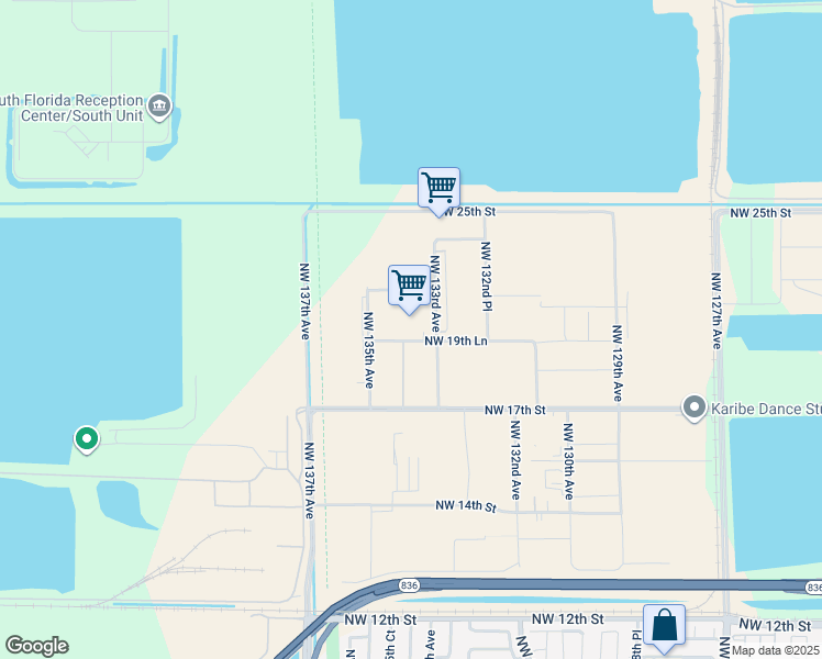 map of restaurants, bars, coffee shops, grocery stores, and more near 13625 Northwest 19th Lane in Miami