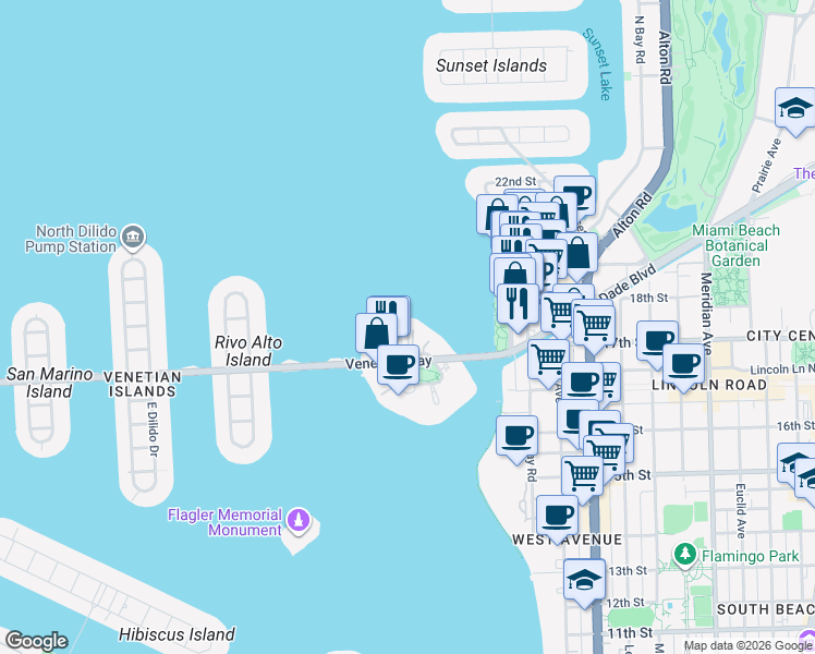 map of restaurants, bars, coffee shops, grocery stores, and more near 36 Island Avenue in Miami Beach